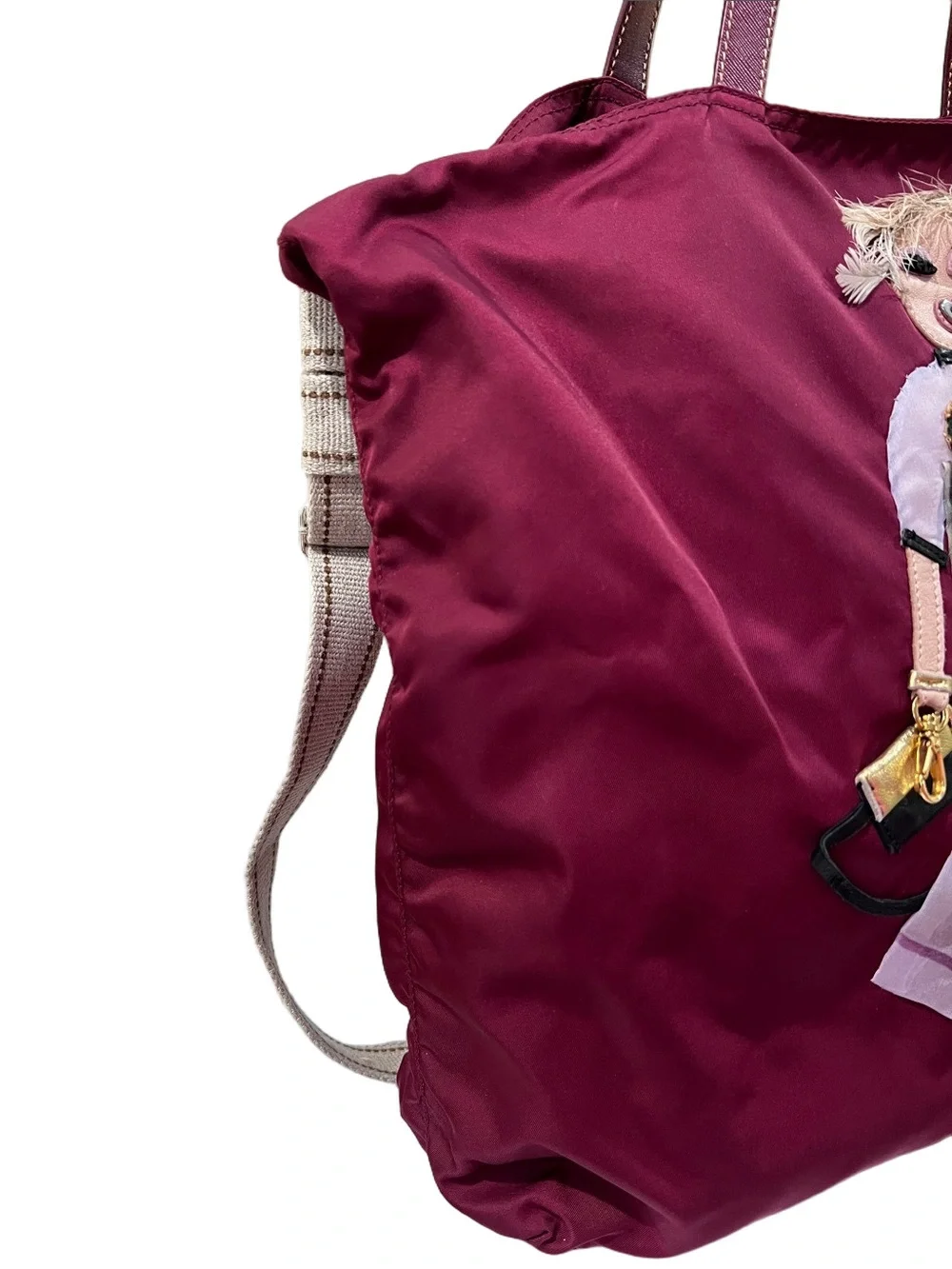 Prada Tessuto Robot Doll Tote in Barolo / Burgundy with long strap